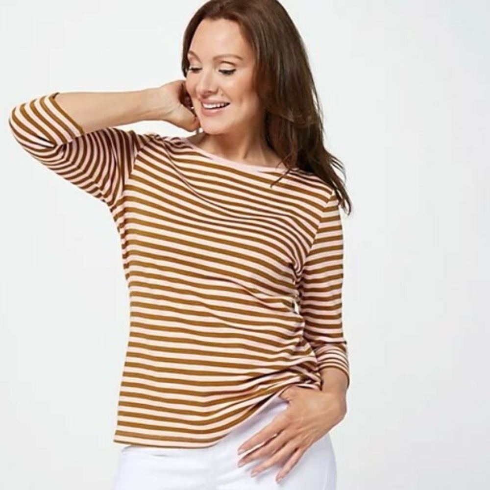 Isaacโ Mizrahi women's plus size 3X Boatneck Brown Pink Striped 3/4 Sleeve Top